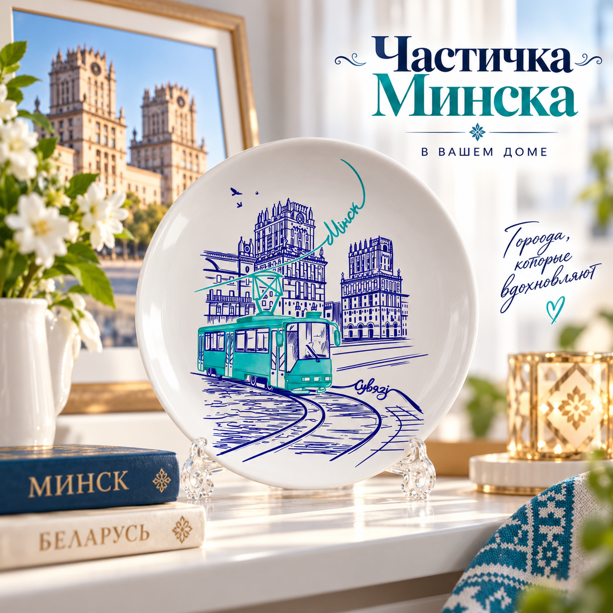 Тарелка "Ворота Минска" с подставкой и подвесом, керамика, 20 см, белый