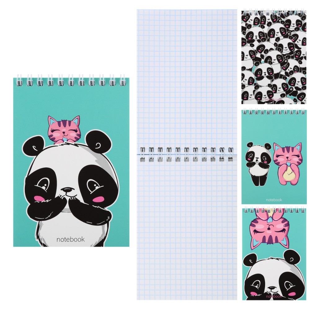 Блокнот "Панда", А6, 97x141 мм, 40 листов, в клетку, спираль сверху, ассорти