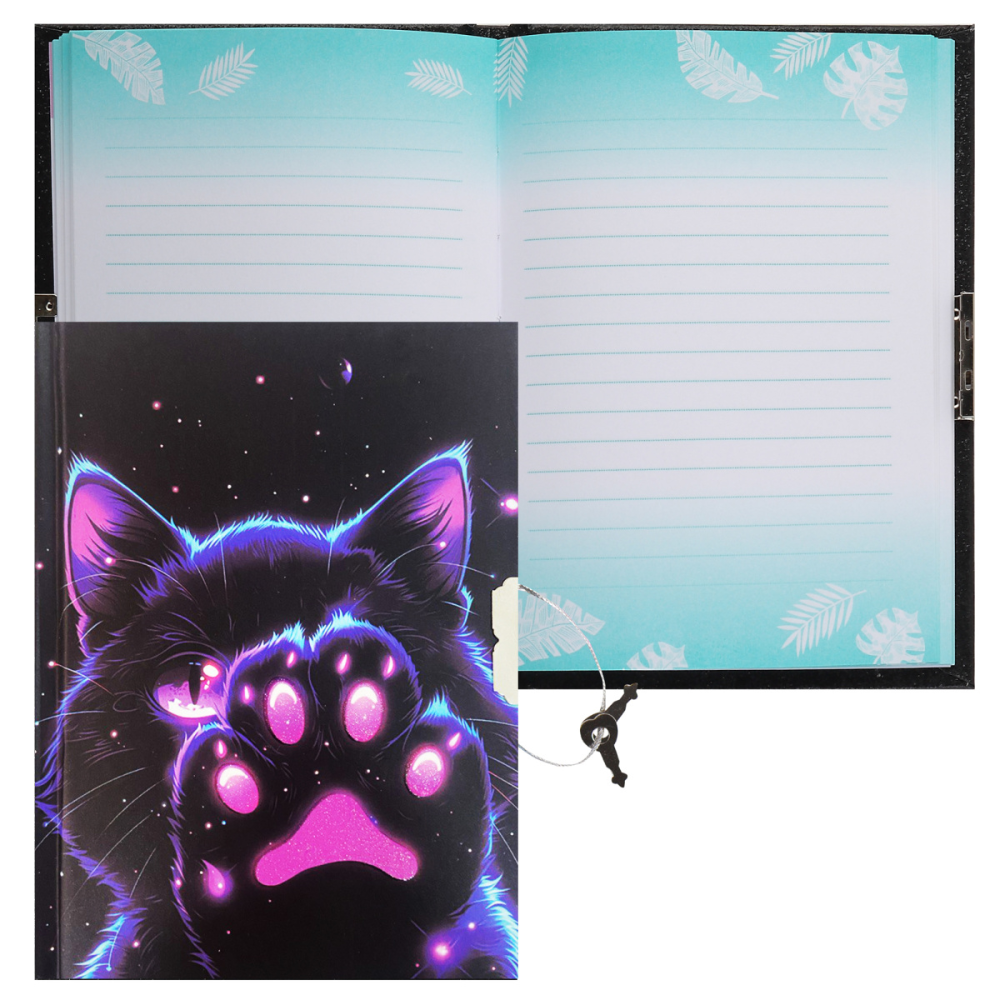 Книга записная "Cosmo Cat", А6, 110x150 мм, 56 листов, в линейку, с замком, черный