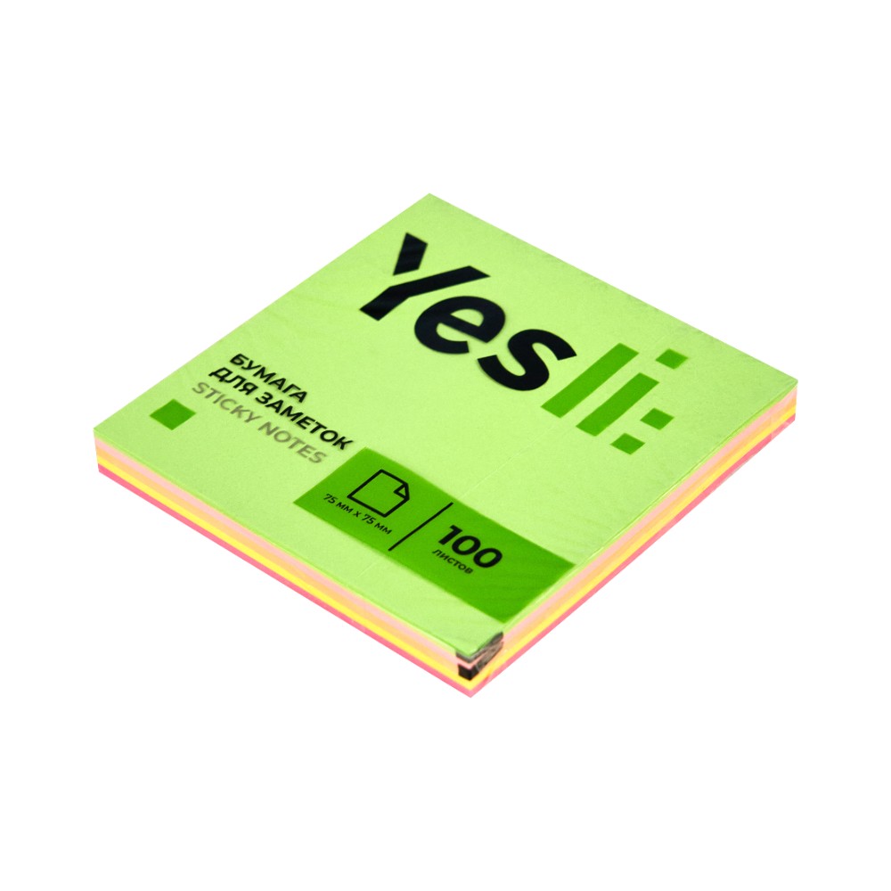 Бумага для заметок на клейкой основе "Yesli:", 75x75 мм, 100 листов,, ассорти неон