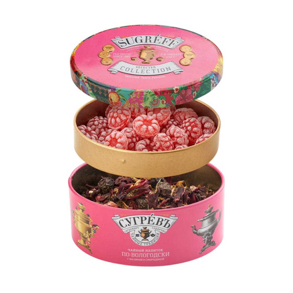 Чай "Сугревъ по-вологодски", фруктово-травяной, с малиной и смородиной, 40 г + карамель леденцовая со вкусом малины, 50 г