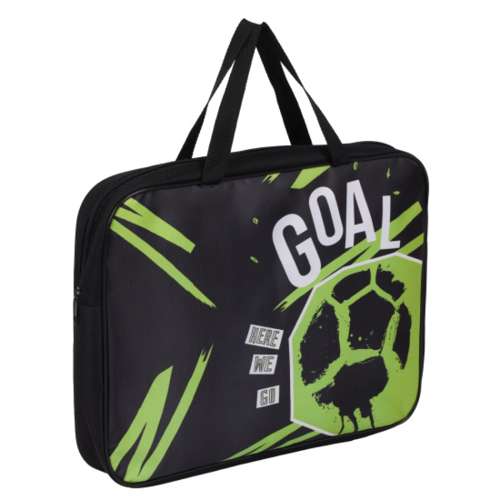 Папка для тетрадей "Goal", А4, с ручками, на молнии, ткань, черный, зеленый