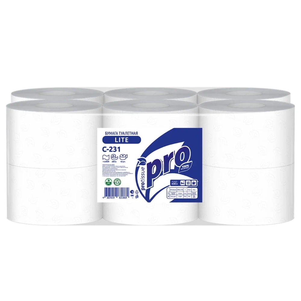 Бумага туалетная  PROtissue 200м, 1 cлой, 100% целлюлоза