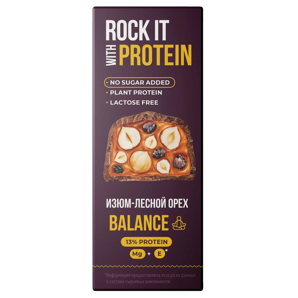 Батончик протеиновый "Rock it with", лесной орех и изюм, 40 гр