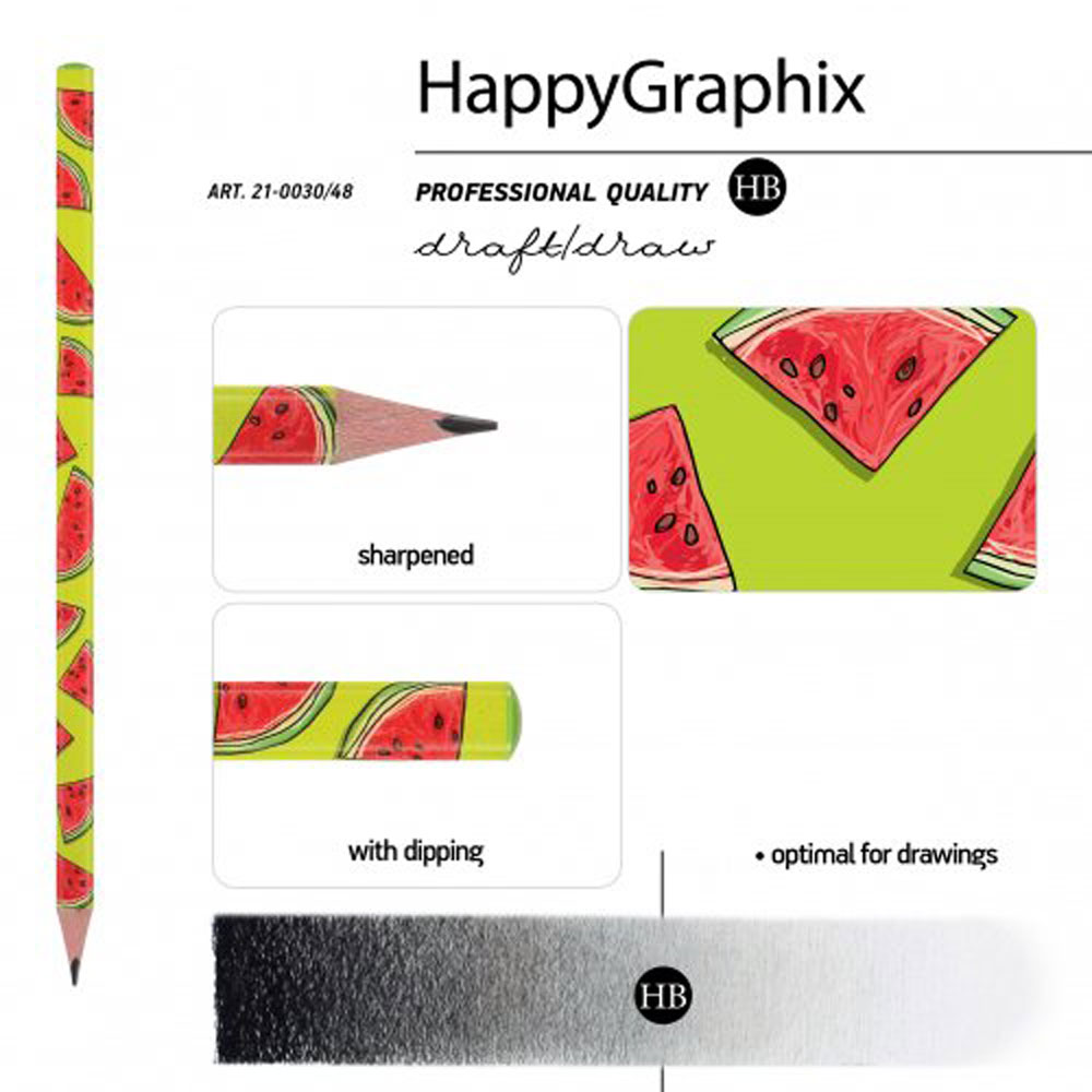 Карандаш чернографитный "HappyGraphix. Арбуз", HВ, без ластика, зеленый, красный - 3