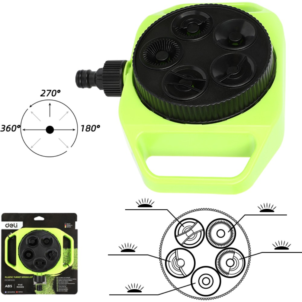 Дождеватель-разбрызгиватель Deli GS EDL581300, 3/4", 5 функций, круговой, ударопрочный пластик, черный, зеленый