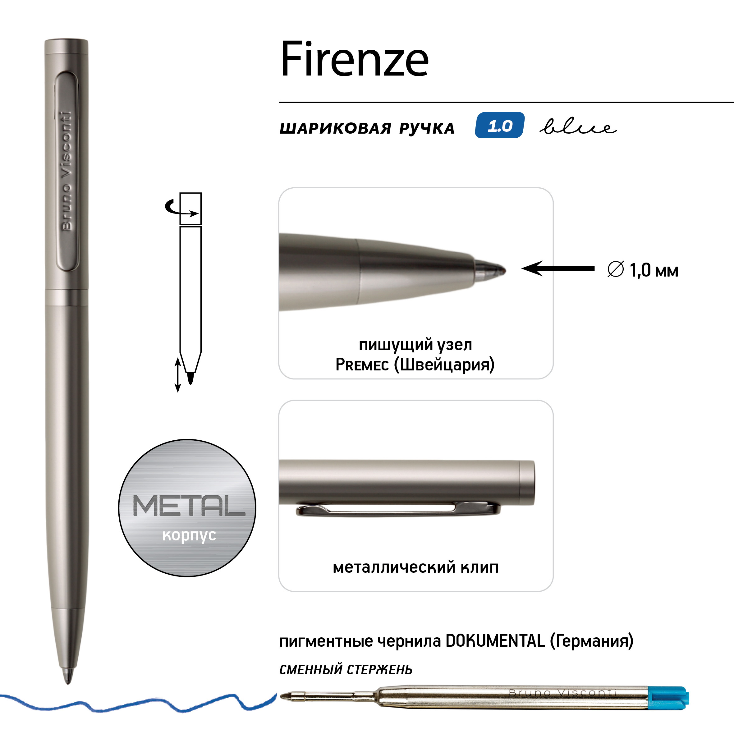 Ручка шариковая автоматическая "Firenze", 1.0 мм, зеленый, стерж. синий