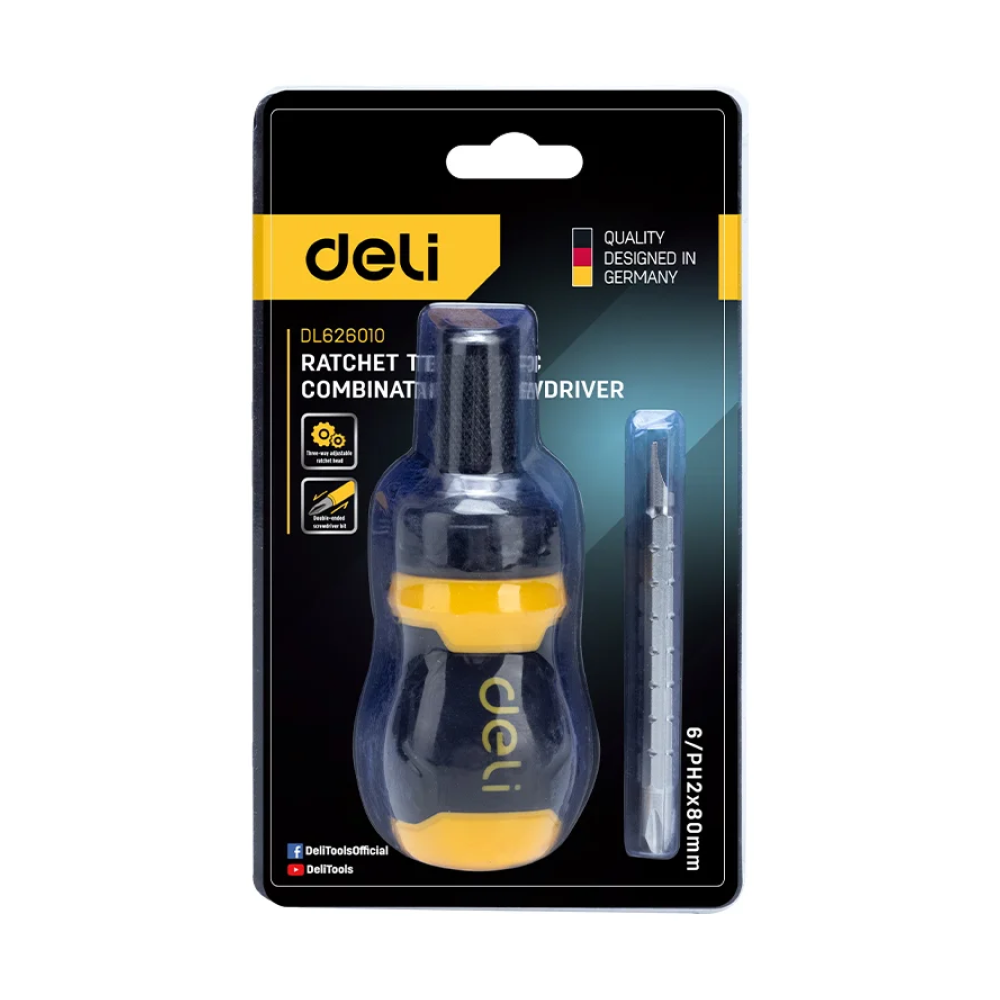 Двухсторонняя отвертка Deli YS EDL626010, с трещоткой, PH2+SL6 - 11