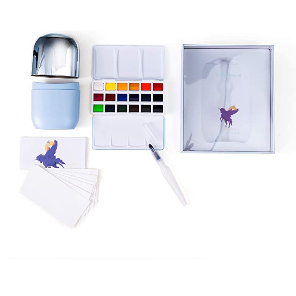 Набор для рисования акварелью "Himi Miya" (краски 18 цветов, кисть, бумага, стакан), голубой футляр