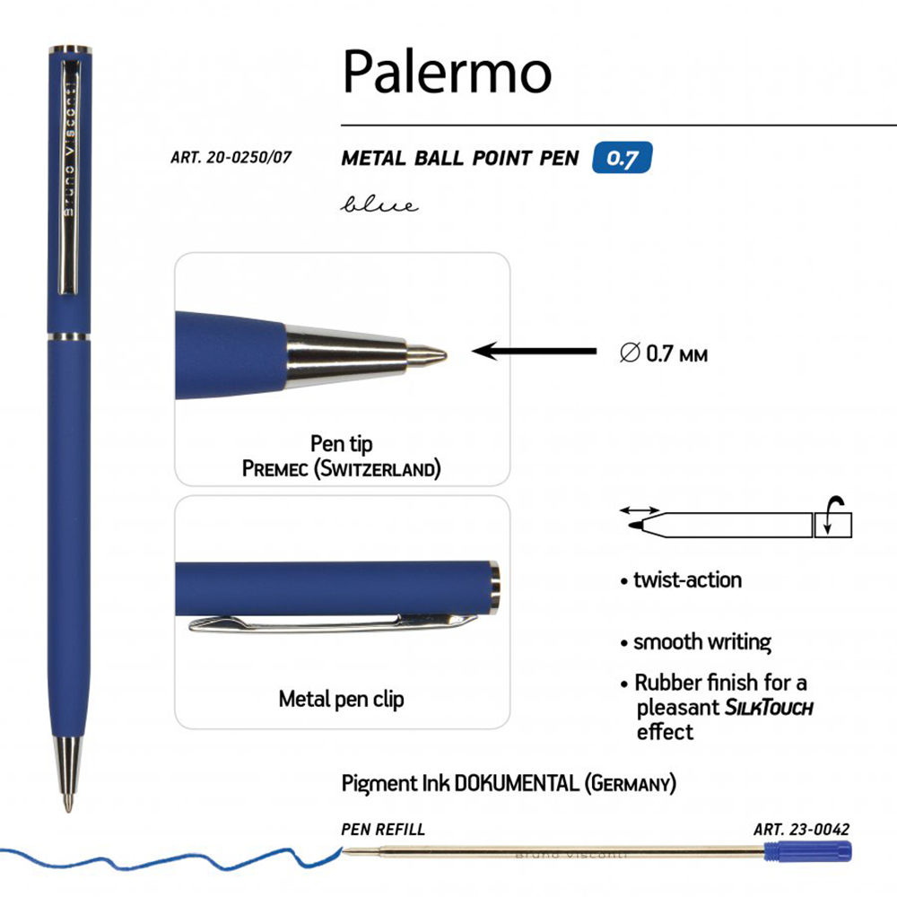 Ручка шариковая автоматическая "Palermo", 0.7 мм, синий, серебристый, стерж. синий