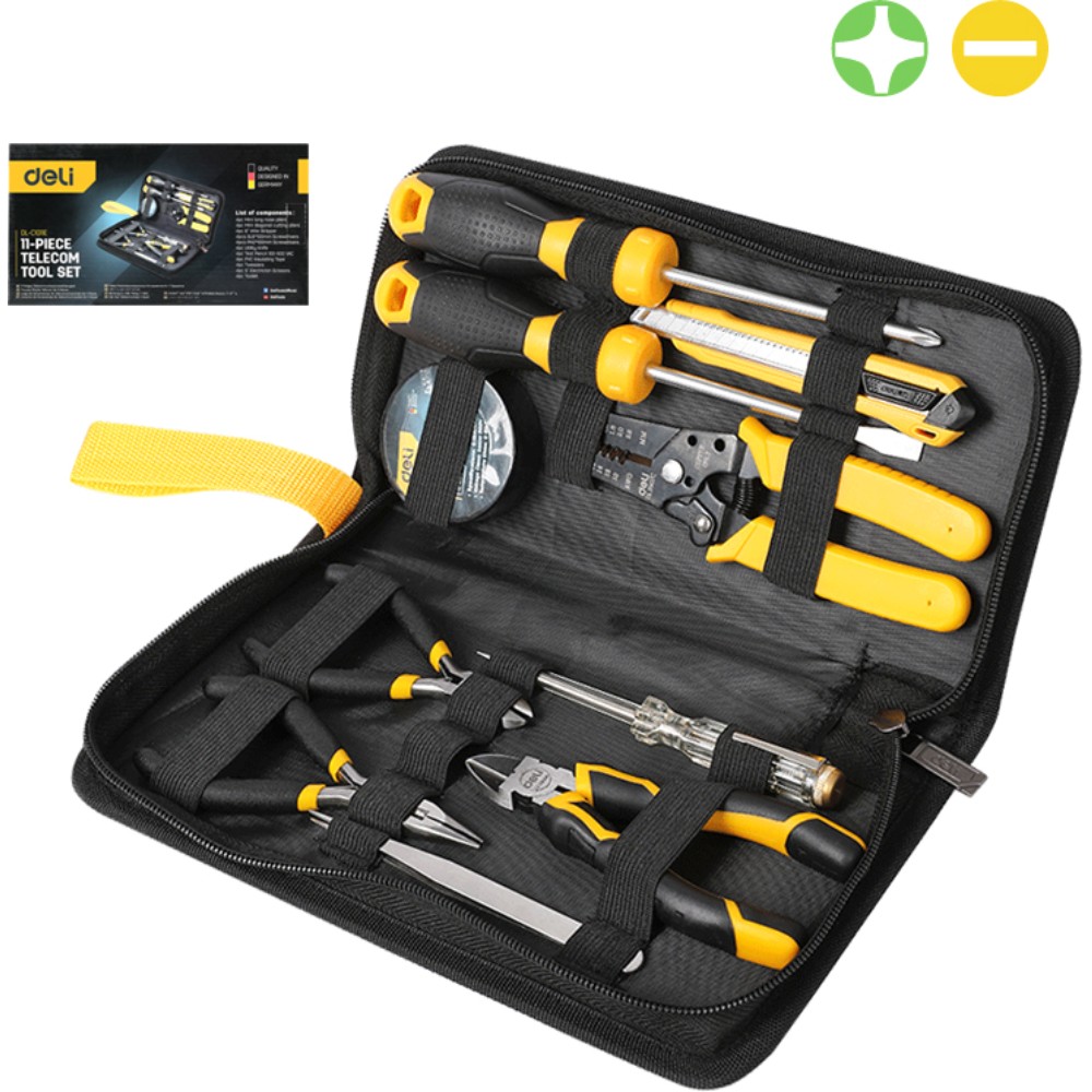 Набор ручного инструмента Deli YS EDL-C1011E, 11 предметов, сумка, черный, желтый