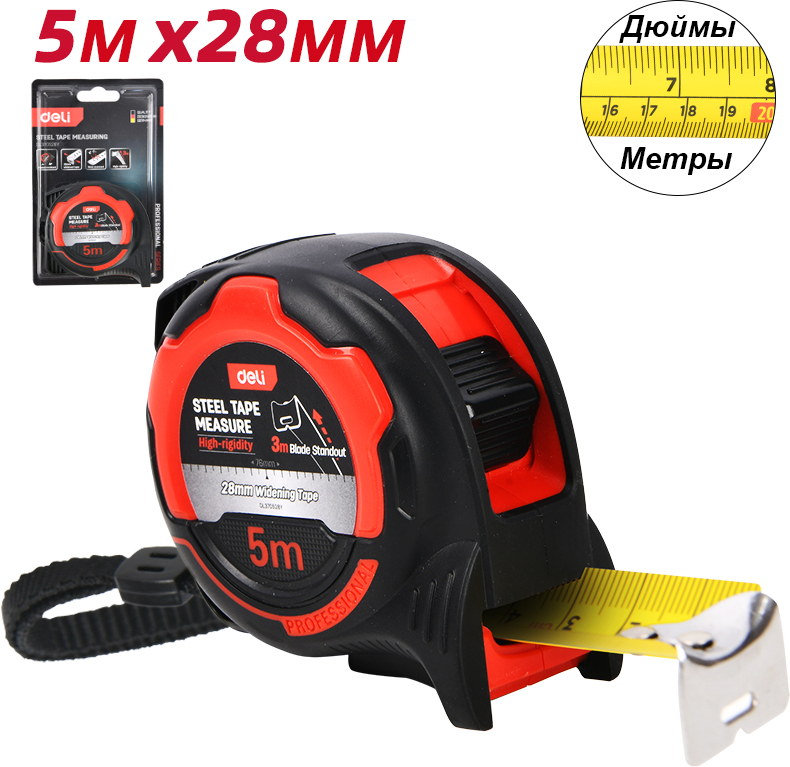 Рулетка "Deli 377528", 5 м, метрическая, дюймовая, черный, красный