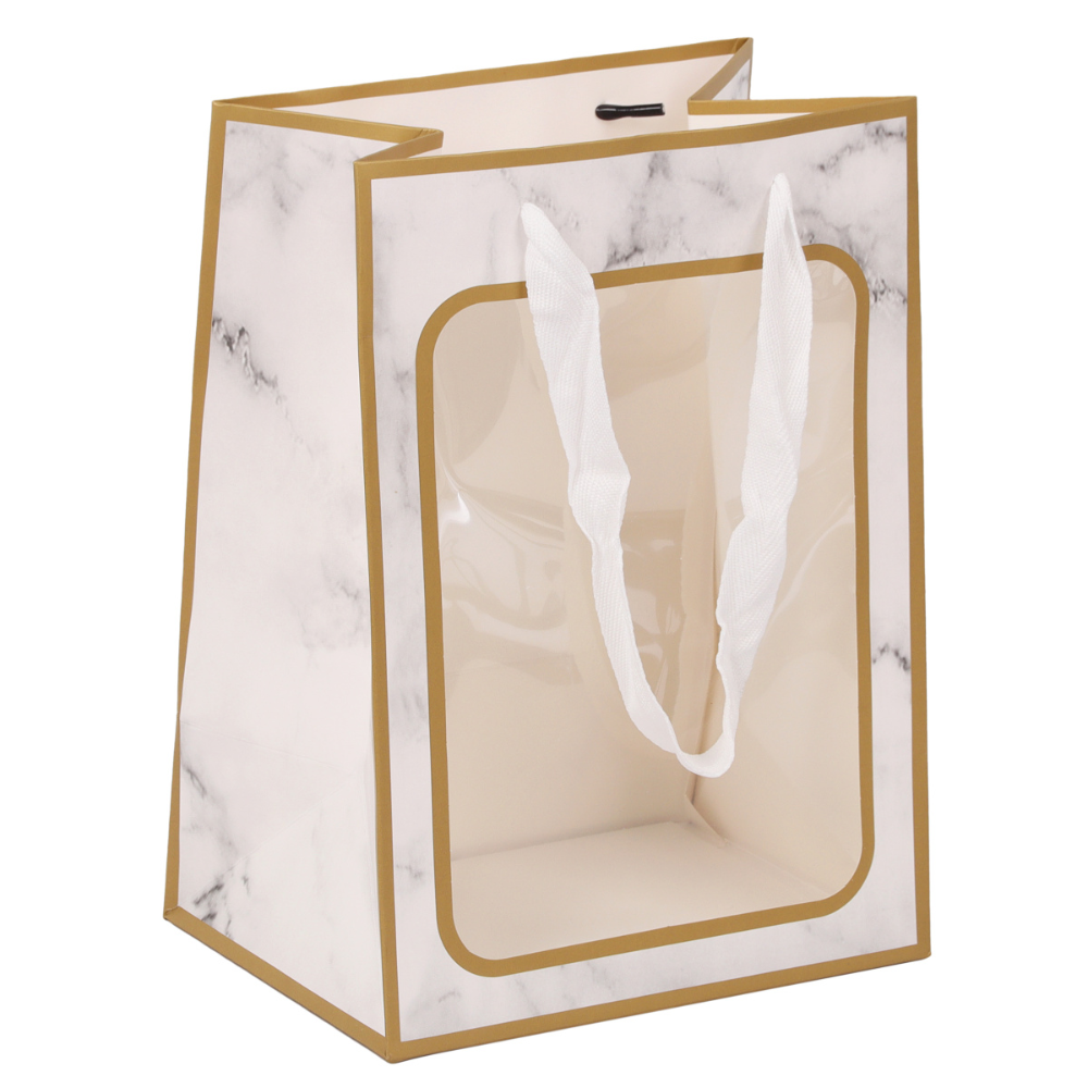 Пакет бумажный подарочный "232238", 18х25х13 см, с окном, белый мрамор