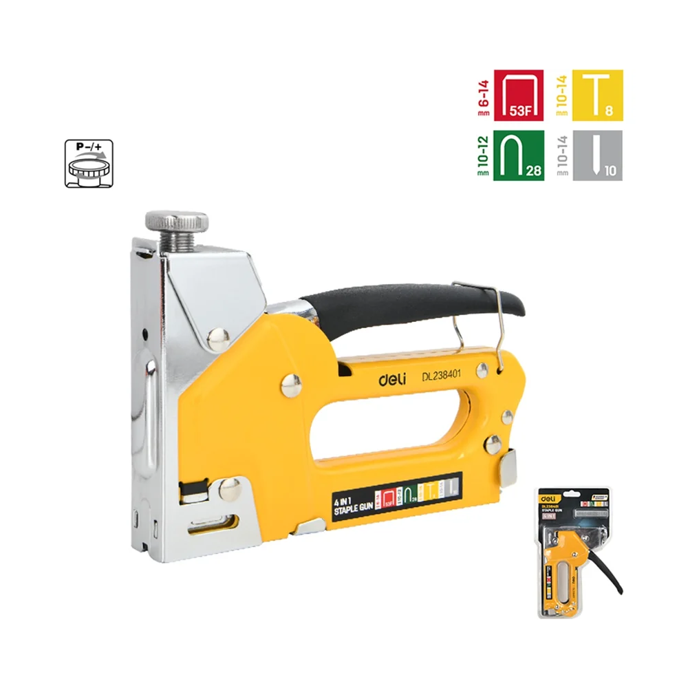 Степлер скобозабивной Deli EDL238401, 4-в-1 + скоба, желтый