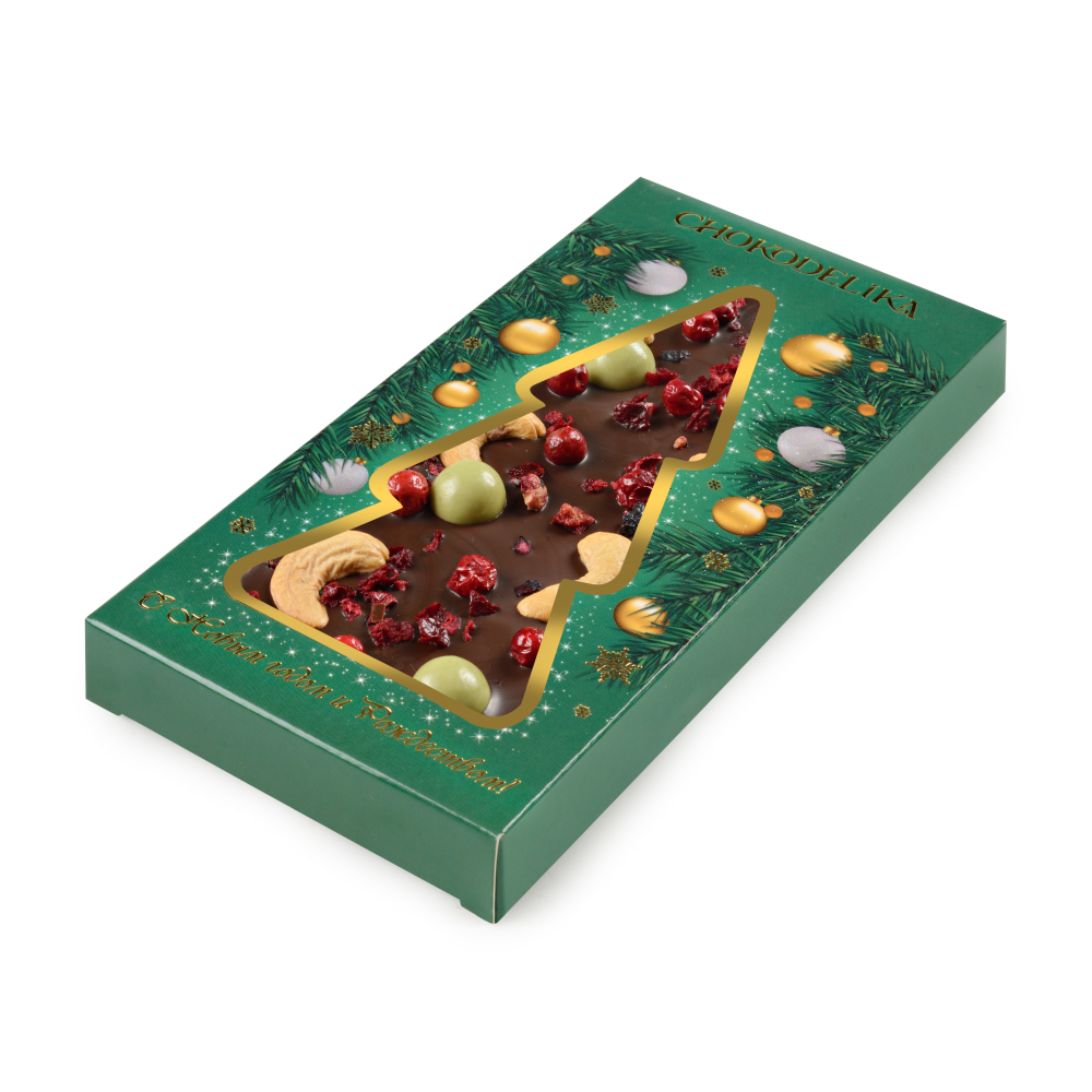 Шоколад темный "Брусника, вишня, кешью", 100 гр, новогодняя упаковка
