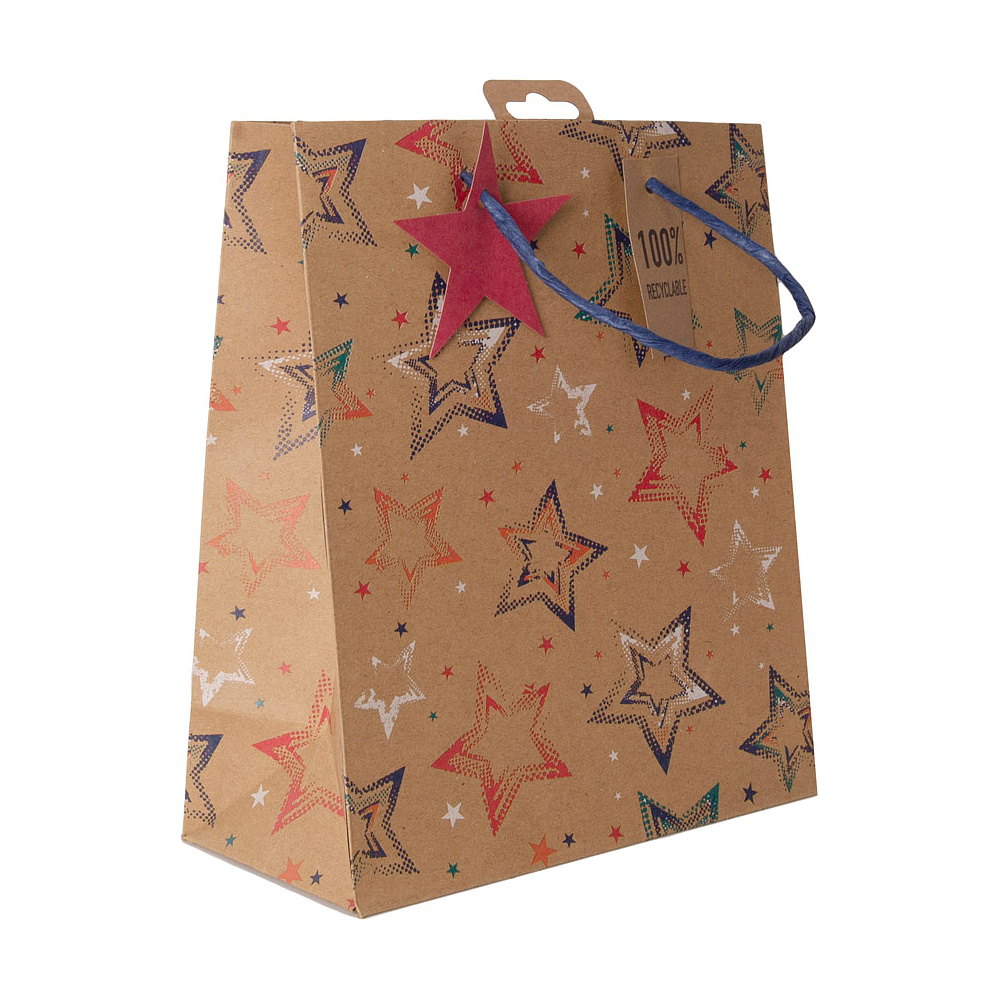 Пакет бумажный подарочный "Stars kraft", 21.5x10.2x25.3 см, разноцветный